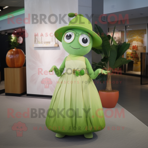 Lime Green Apricot mascot costume character dressed with a Maxi Skirt and Hat pins