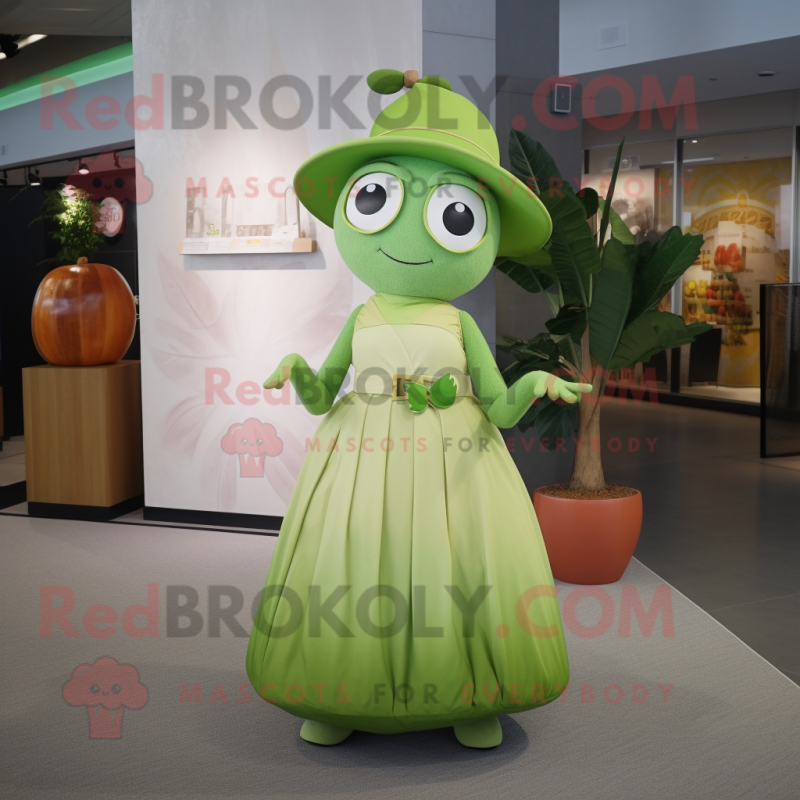 Lime Green Apricot mascot costume character dressed with a Maxi Skirt and Hat pins Lime Green Apricot mascot costume character dressed with a Maxi Skirt and Hat pins