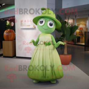 Lime Green Apricot mascot costume character dressed with a Maxi Skirt and Hat pins