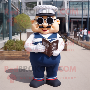 Navy Strongman mascot costume character dressed with a Cargo Pants and Reading glasses