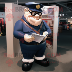 Navy Strongman mascot costume character dressed with a Cargo Pants and Reading glasses