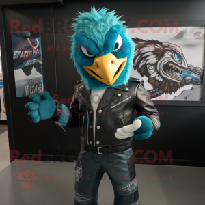 Turquoise Hawk mascot costume character dressed with a Biker Jacket and Beanies