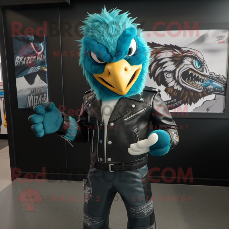 Turquoise Hawk mascot costume character dressed with a Biker Jacket and Beanies Turquoise Hawk mascot costume character dressed with a Biker Jacket and Beanies