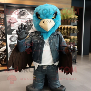 Turquoise Hawk mascot costume character dressed with a Biker Jacket and Beanies