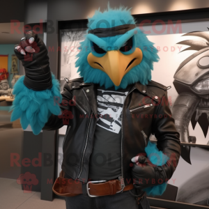 Turquoise Hawk mascot costume character dressed with a Biker Jacket and Beanies