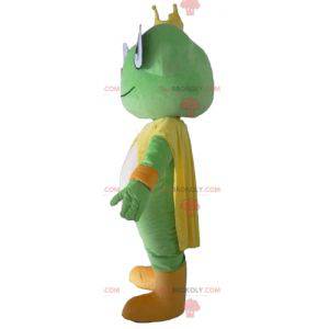 Mascota rana verde amarilla y blanca con una corona -
