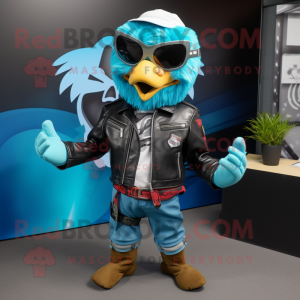 Turquoise Hawk mascot costume character dressed with a Biker Jacket and Beanies