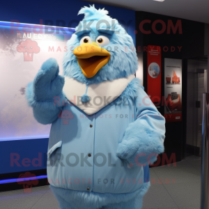 Sky Blue Fried Chicken mascot costume character dressed with a Parka and Lapel pins