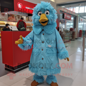 Sky Blue Fried Chicken mascot costume character dressed with a Parka and Lapel pins