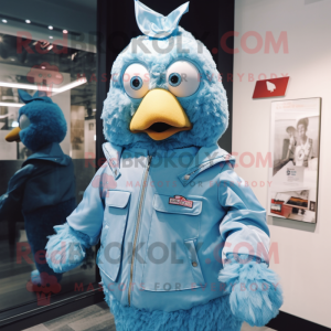 Sky Blue Fried Chicken mascot costume character dressed with a Parka and Lapel pins