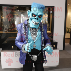 Sky Blue Frankenstein mascot costume character dressed with a Suit Jacket and Necklaces