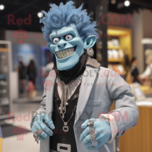 Sky Blue Frankenstein mascot costume character dressed with a Suit Jacket and Necklaces