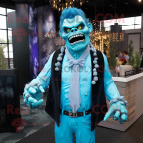 Sky Blue Frankenstein mascot costume character dressed with a Suit Jacket and Necklaces