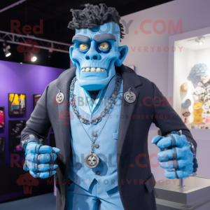 Sky Blue Frankenstein mascot costume character dressed with a Suit Jacket and Necklaces