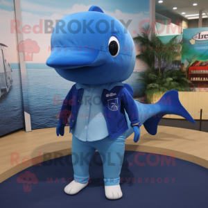 Blue Blue Whale mascot costume character dressed with a Long Sleeve Tee and Bracelets