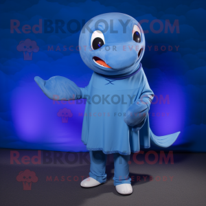 Blue Blue Whale mascot costume character dressed with a Long Sleeve Tee and Bracelets