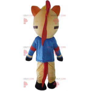 Mascotte cavallo beige rosso e nero vestita di blu -