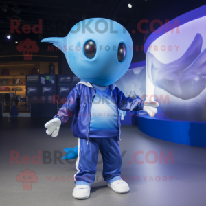 Blue Blue Whale mascot costume character dressed with a Long Sleeve Tee and Bracelets