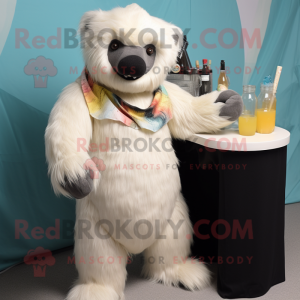 Cream Sloth Bear mascot costume character dressed with a Cocktail Dress and Cummerbunds