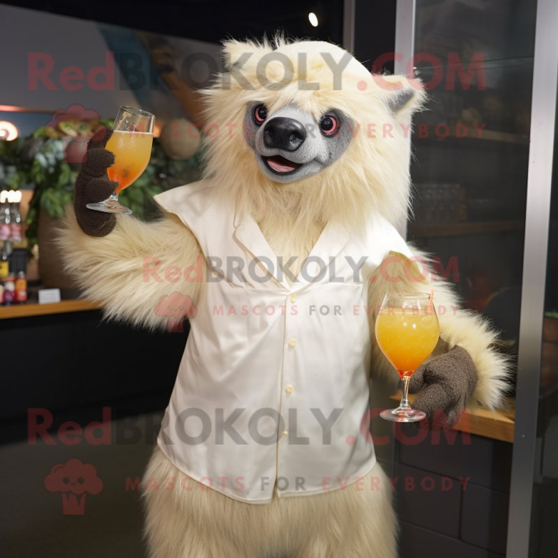 Cream Sloth Bear mascot costume character dressed with a Cocktail Dress and Cummerbunds