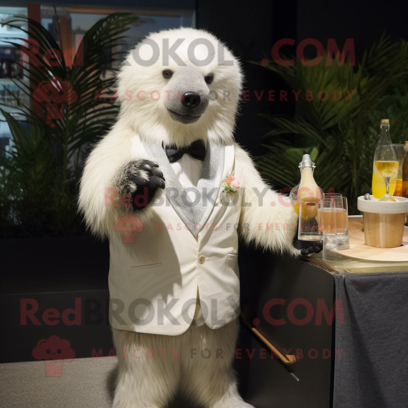Cream Sloth Bear mascot costume character dressed with a Cocktail Dress and Cummerbunds Cream Sloth Bear mascot costume character dressed with a Cocktail Dress and Cummerbunds