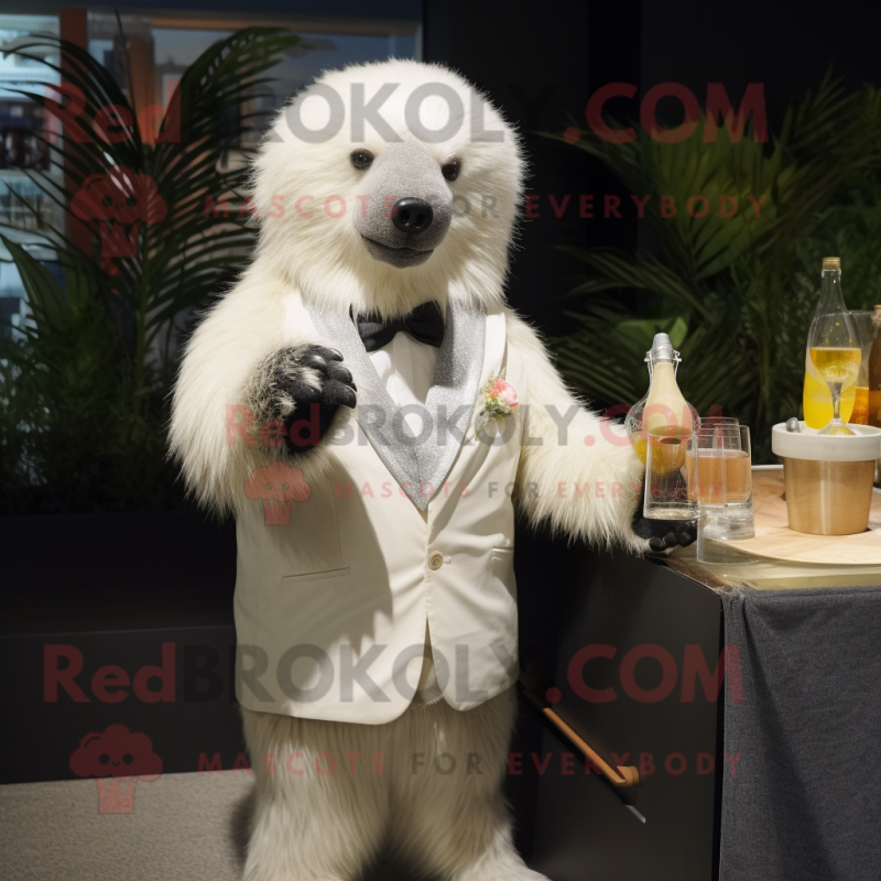 Cream Sloth Bear mascot costume character dressed with a Cocktail Dress and Cummerbunds