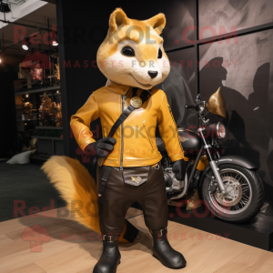 Gold Squirrel mascot costume character dressed with a Biker Jacket and Briefcases