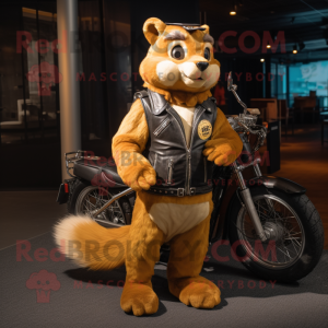 Gold Squirrel mascot costume character dressed with a Biker Jacket and Briefcases
