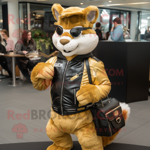 Gold Squirrel mascot costume character dressed with a Biker Jacket and Briefcases