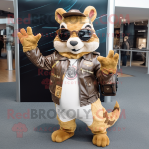 Gold Squirrel mascot costume character dressed with a Biker Jacket and Briefcases