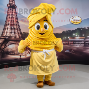Yellow Croissant mascot costume character dressed with a Wrap Skirt and Hat pins