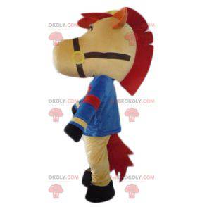 Red and black beige horse mascot dressed in blue -