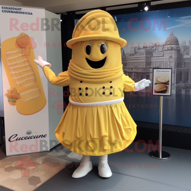 Yellow Croissant mascot costume character dressed with a Wrap Skirt and Hat pins Yellow Croissant mascot costume character dressed with a Wrap Skirt and Hat pins