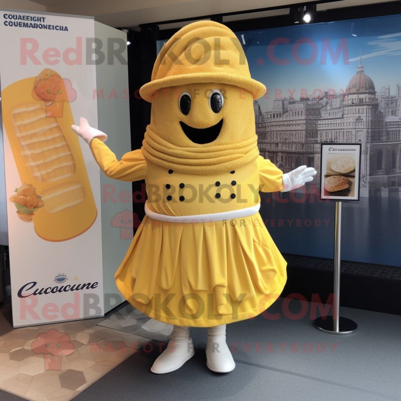 Yellow Croissant mascot costume character dressed with a Wrap Skirt and Hat pins