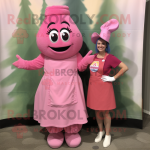 Pink Jambalaya mascot costume character dressed with a A-Line Dress and Wraps