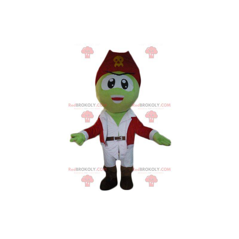Mascotte de pirate vert en tenue blanche et rouge -