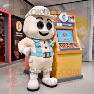 Cream Gumball Machine mascot costume character dressed with a Cargo Shorts and Digital watches