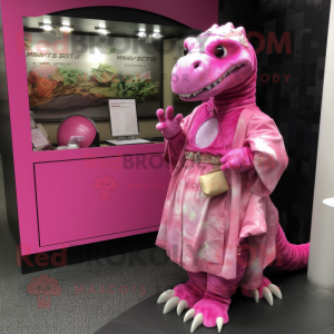 Pink Iguanodon mascot costume character dressed with a Wrap Dress and Keychains