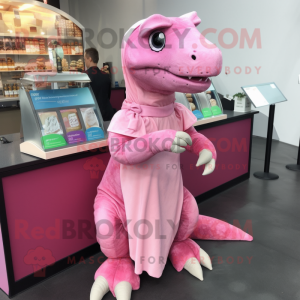 Pink Iguanodon mascot costume character dressed with a Wrap Dress and Keychains