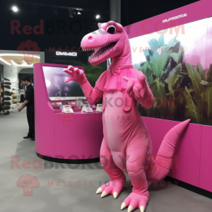 Pink Iguanodon mascot costume character dressed with a Wrap Dress and Keychains