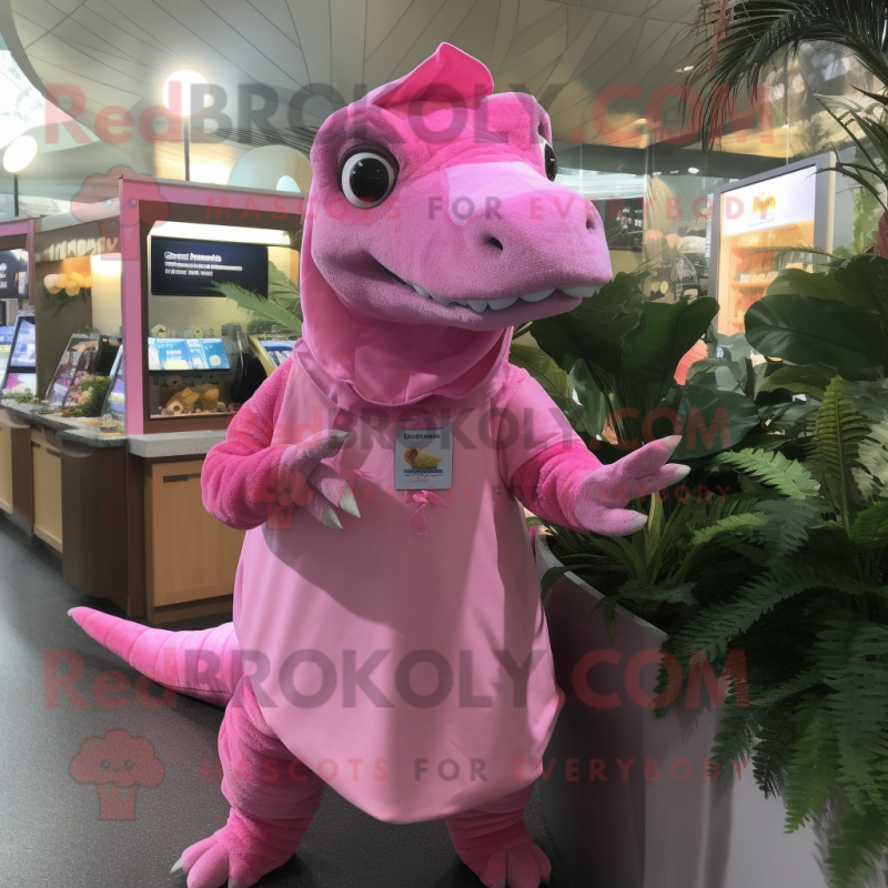 Pink Iguanodon mascot costume character dressed with a Wrap Dress and Keychains