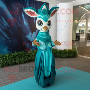 Turquoise Gazelle mascot costume character dressed with a Wrap Dress and Hats