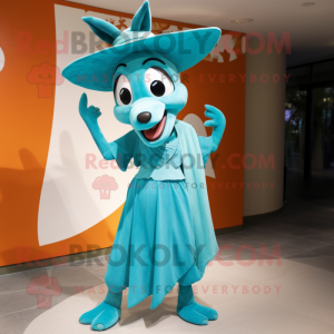Turquoise Gazelle mascot costume character dressed with a Wrap Dress and Hats