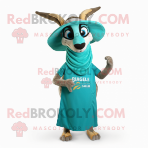 Turquoise Gazelle mascot costume character dressed with a Wrap Dress and Hats