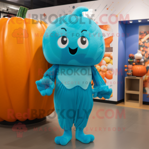 Cyan Pumpkin mascot costume character dressed with a Jumpsuit and Mittens