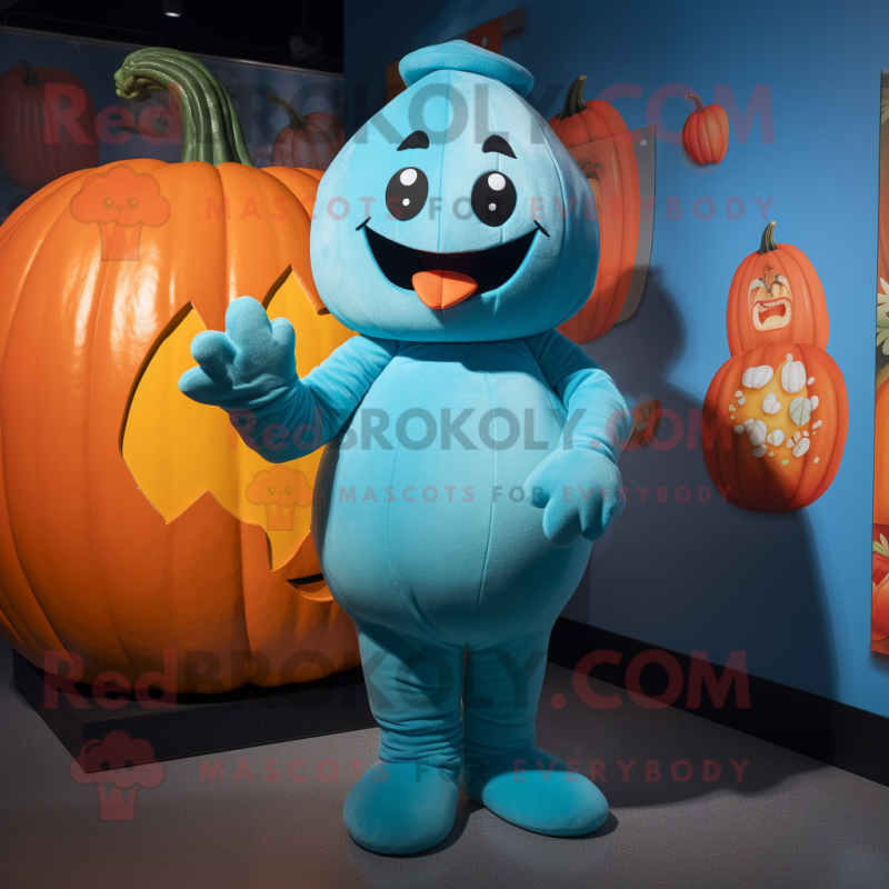 Cyan Pumpkin mascot costume character dressed with a Jumpsuit and Mittens Cyan Pumpkin mascot costume character dressed with a Jumpsuit and Mittens
