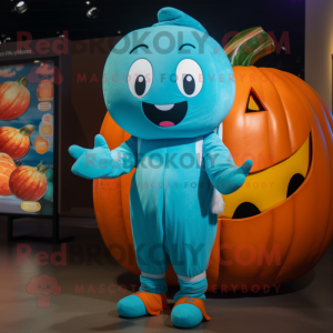 Cyan Pumpkin mascot costume character dressed with a Jumpsuit and Mittens