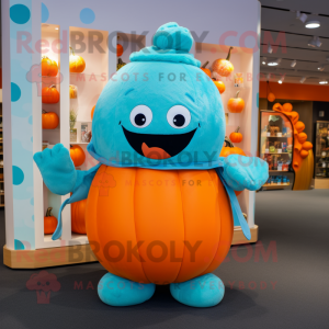 Cyan Pumpkin mascot costume character dressed with a Jumpsuit and Mittens