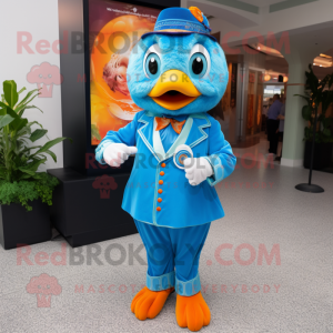 Blue Mandarin mascot costume character dressed with a Romper and Lapel pins