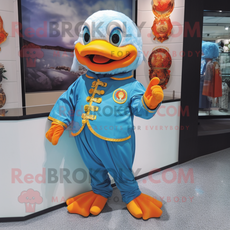 Blue Mandarin mascot costume character dressed with a Romper and Lapel pins Blue Mandarin mascot costume character dressed with a Romper and Lapel pins
